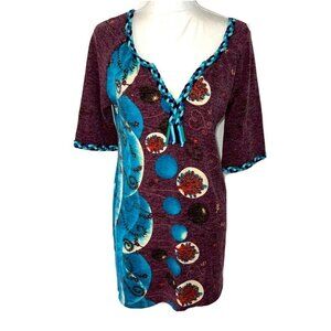 Custo Barcelona Tunic Dress Womens Medium M Braided Collar Trim Plum Teal